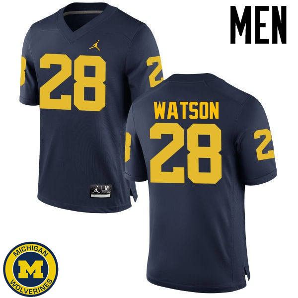 Mens University of Michigan #28 Brandon Watson Navy Official Game Jersey